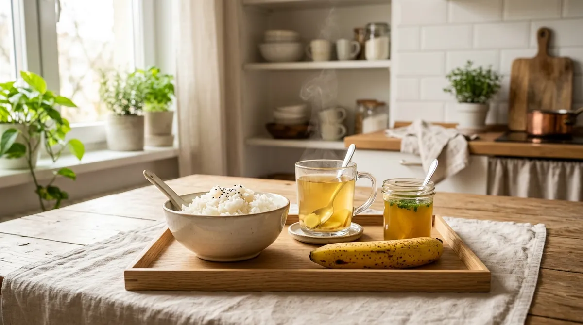 Gut-friendly recovery foods after accidental gluten exposure including white rice, bone broth, banana, and ginger tea