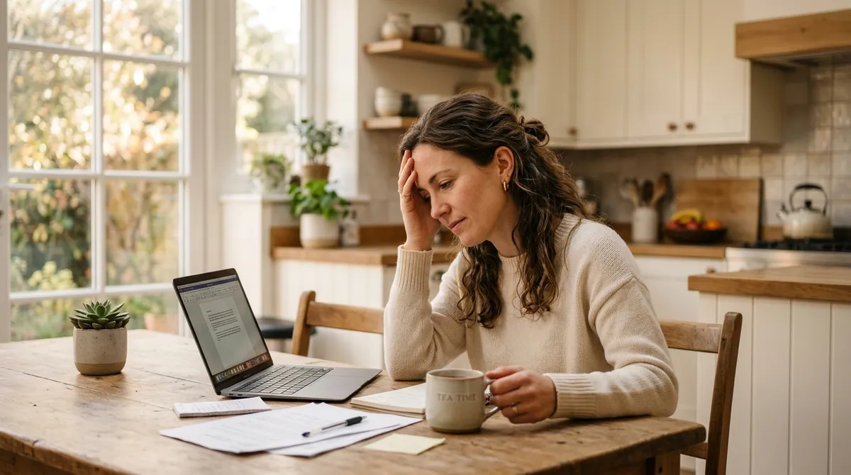 Woman experiencing celiac disease brain fog and memory issues at kitchen table