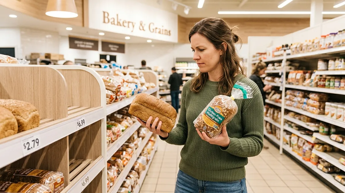 Woman comparing gluten-free bread price to regular bread in grocery store aisle, illustrating why gluten-free food costs more