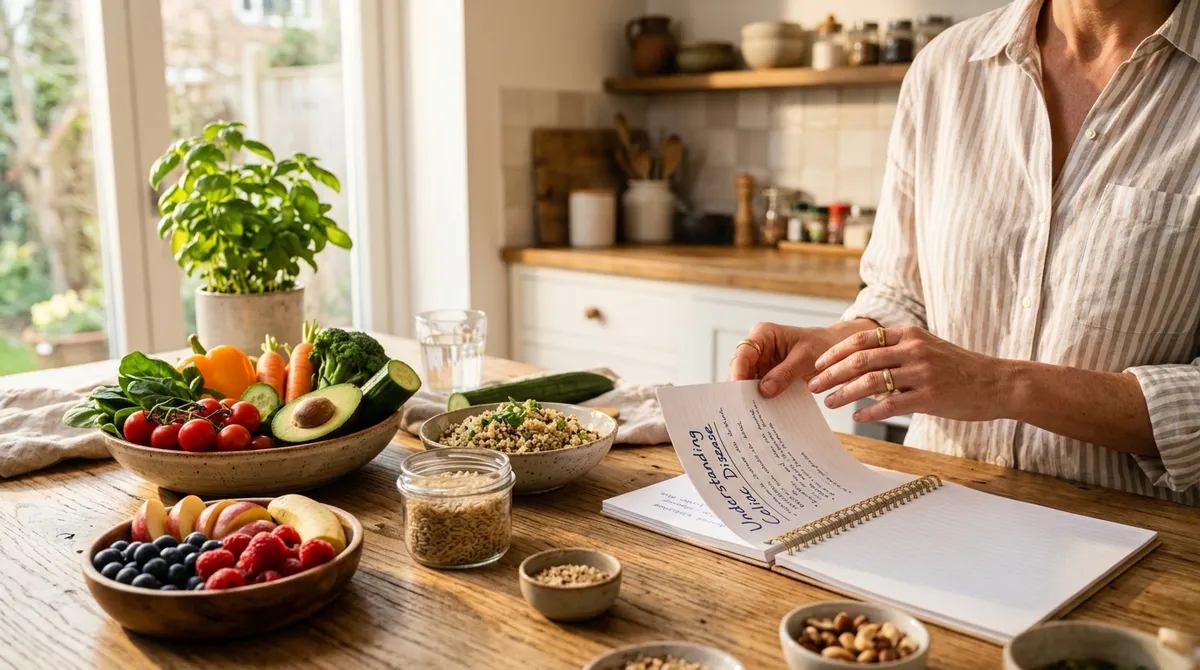 Woman reviewing celiac disease information in a bright kitchen surrounded by naturally gluten-free foods