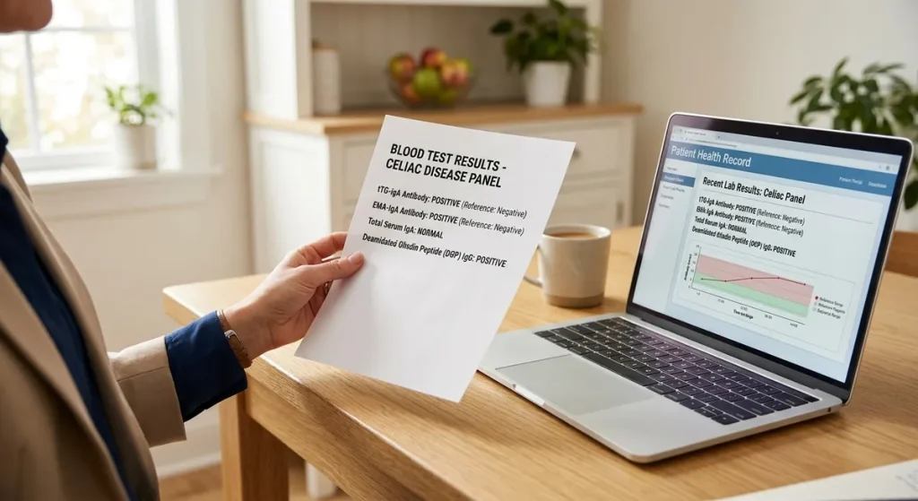 Doctor reviewing celiac disease blood test results showing tTG-IgA antibody panel for adult diagnosis