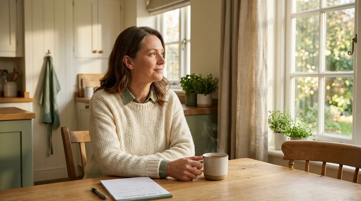 Adult woman reflecting on a late celiac disease diagnosis at her kitchen table with tea and notes