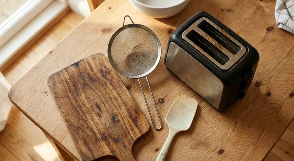 High-risk shared kitchen utensils for gluten cross-contamination including wooden cutting board, strainer, toaster, and scratched spatula