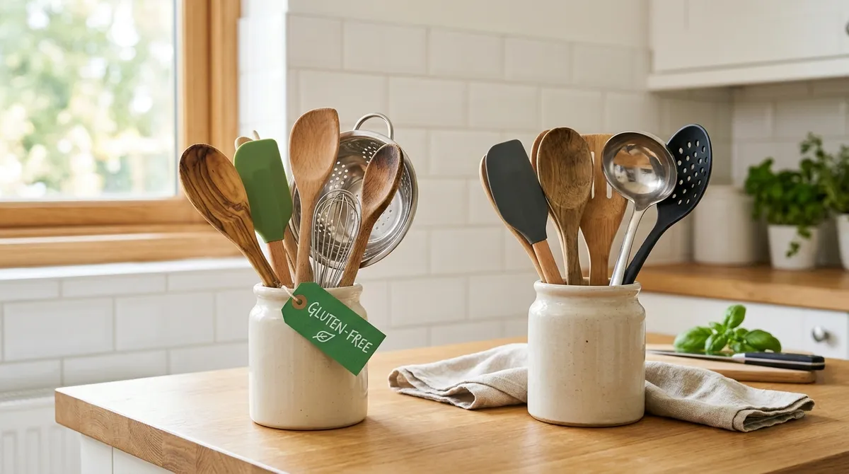 Color-coded gluten-free kitchen utensils separated from shared tools to prevent cross-contamination from shared utensils