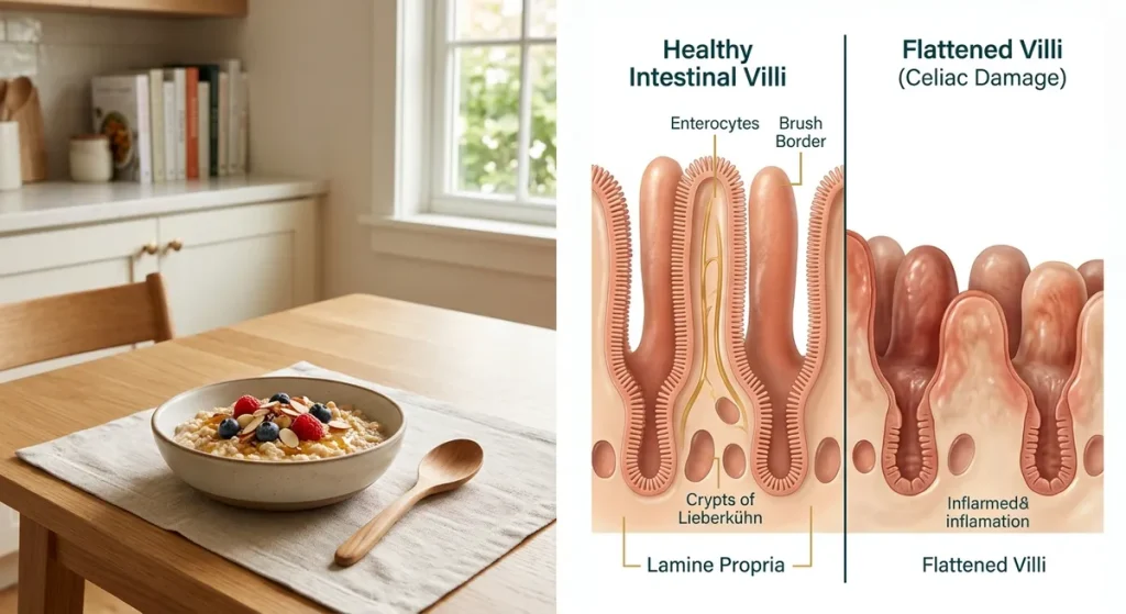 Diagram comparing healthy intestinal villi to damaged villi caused by celiac disease and gluten exposure
