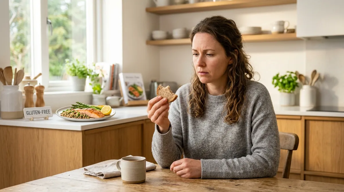 Woman considering whether to reintroduce gluten after going gluten-free, sitting at kitchen table