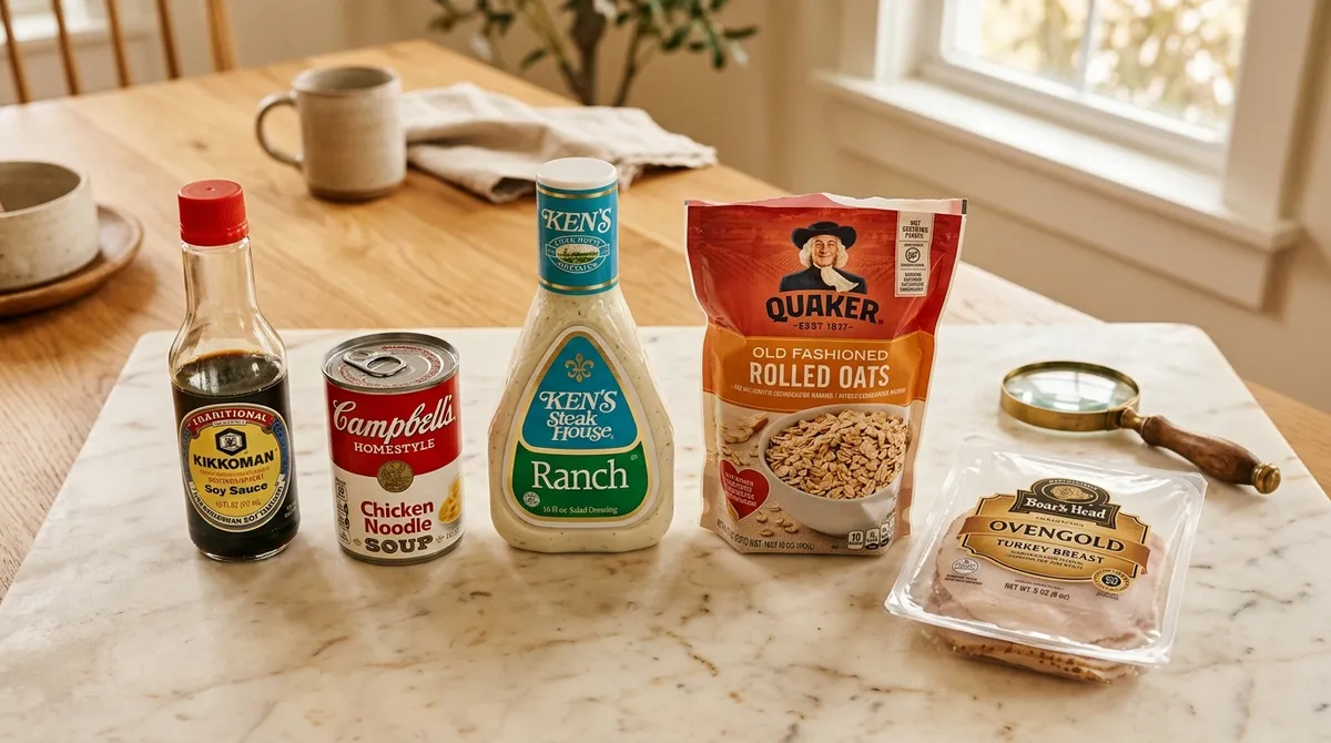 Everyday foods that contain hidden gluten arranged on a white marble surface with a magnifying glass