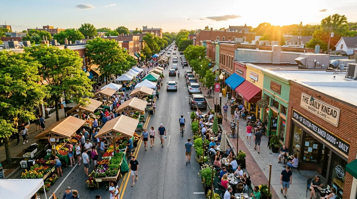 Vibrant American city street with outdoor dining showing celiac-friendly cities atmosphere
