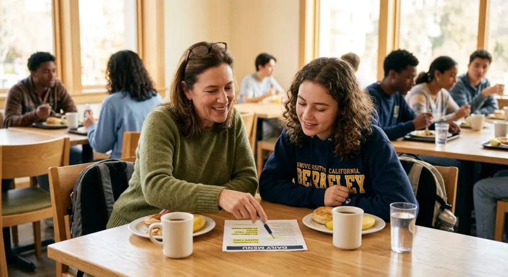 Parent and student evaluating gluten-free dining options during a college campus visit