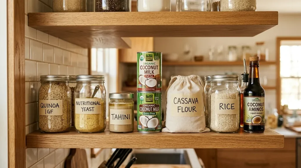 Organized pantry shelf stocked with gluten-free dairy-free staples including coconut milk and tahini