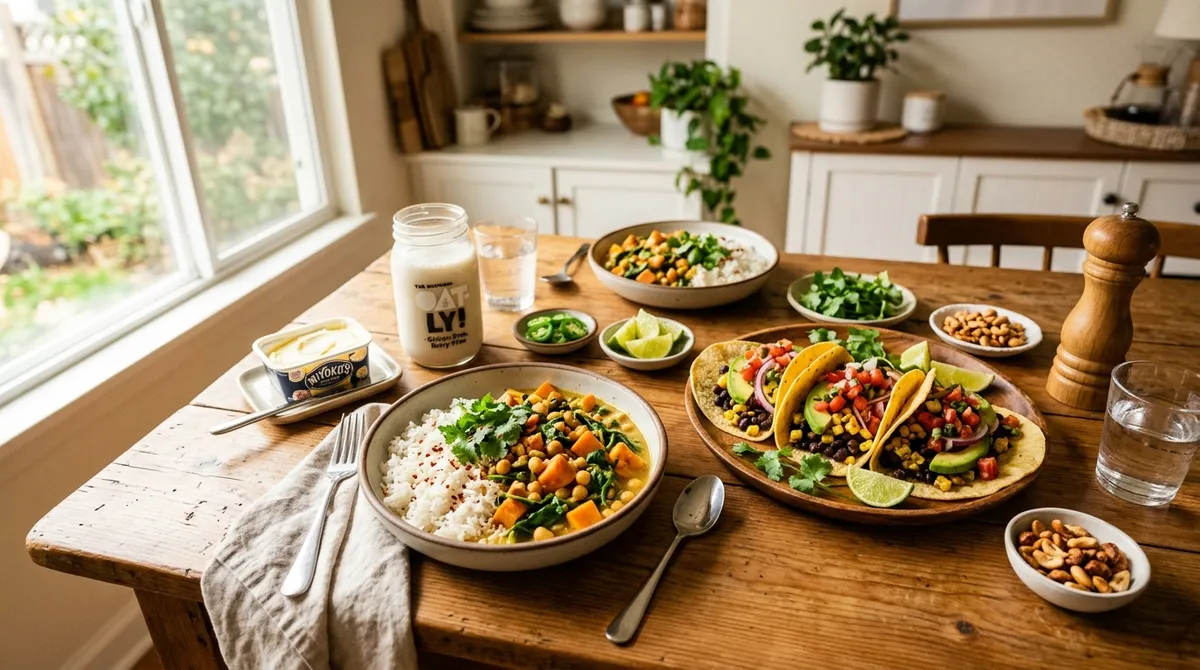 Colorful gluten-free dairy-free meal spread with tacos, curry, and plant-based staples on wooden table