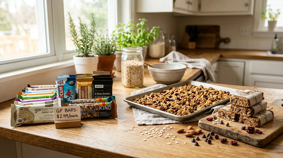 Gluten-free energy bars and granola comparison showing store-bought and homemade options on kitchen counter