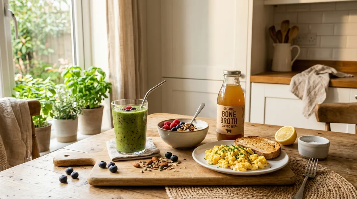 Simple gluten-free GLP-1 meals including smoothie, yogurt, and eggs on a kitchen counter