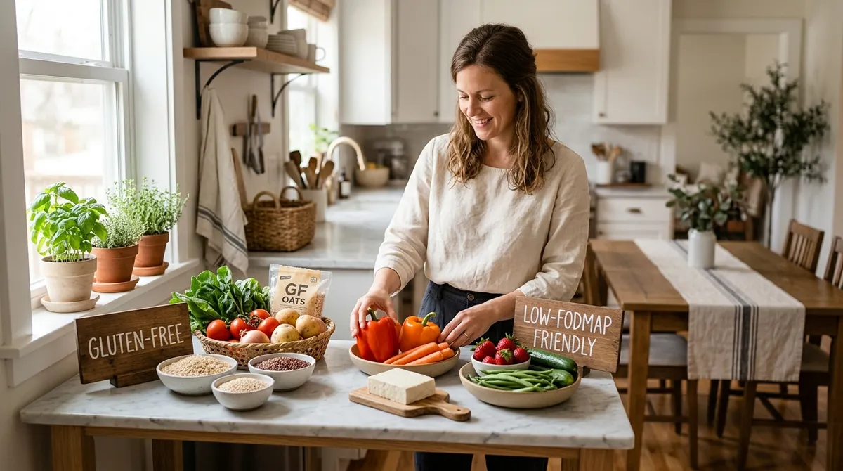 Gluten-free and low-FODMAP foods organized on a bright kitchen counter