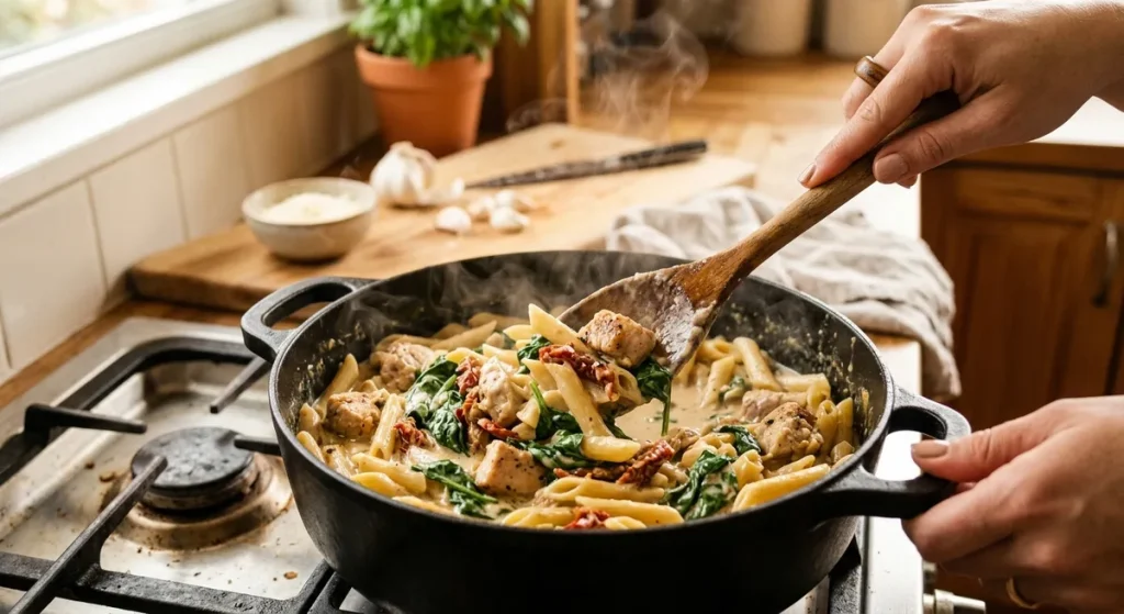 One-pot creamy Tuscan chicken gluten-free pasta recipe cooking on the stove