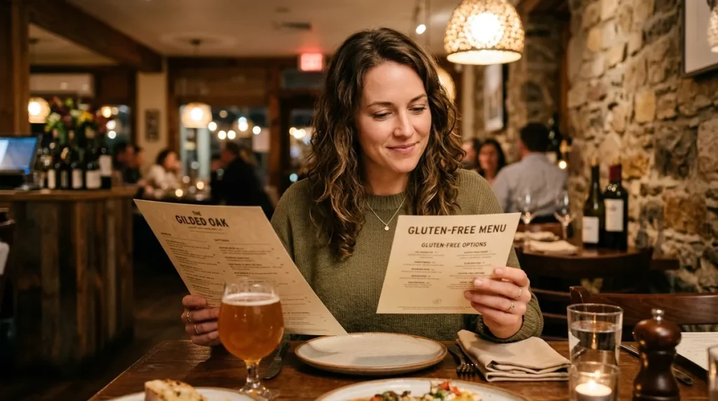 Woman reviewing a gluten-free restaurant menu at a dinner table — navigating GF dining safely