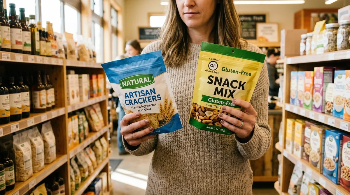 Woman comparing naturally gluten-free vs certified gluten-free products in grocery store aisle