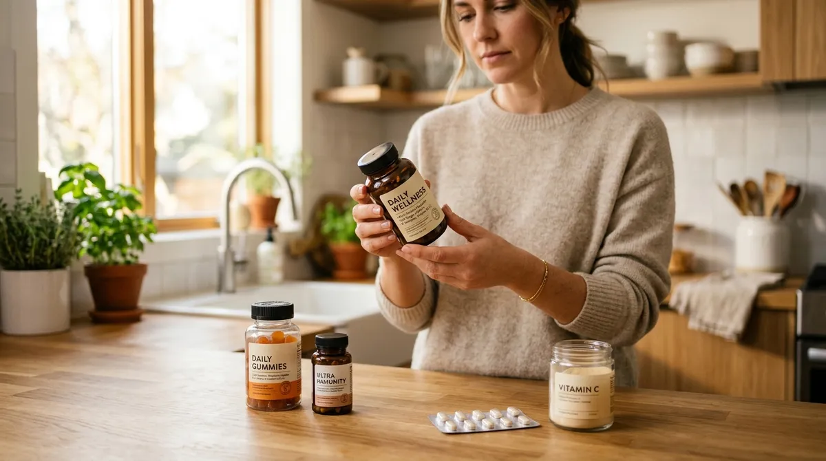 Woman reading gluten-free vitamins label on supplement bottle at kitchen counter