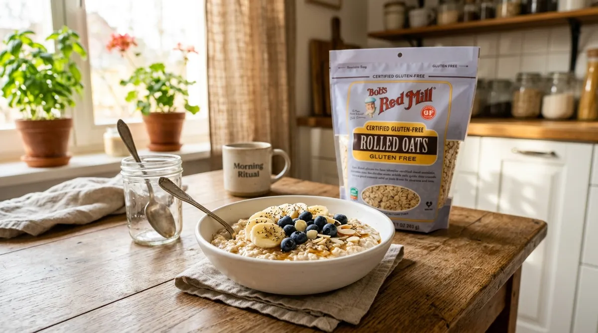 Certified gluten-free oats in a breakfast bowl safe for celiac disease