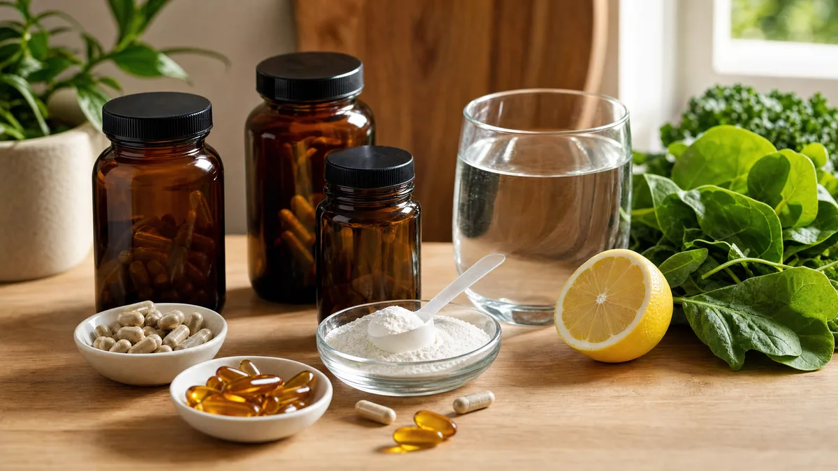 Gluten-free gut health supplements: amber bottles, capsules, softgels, and powder with water, greens, and lemon