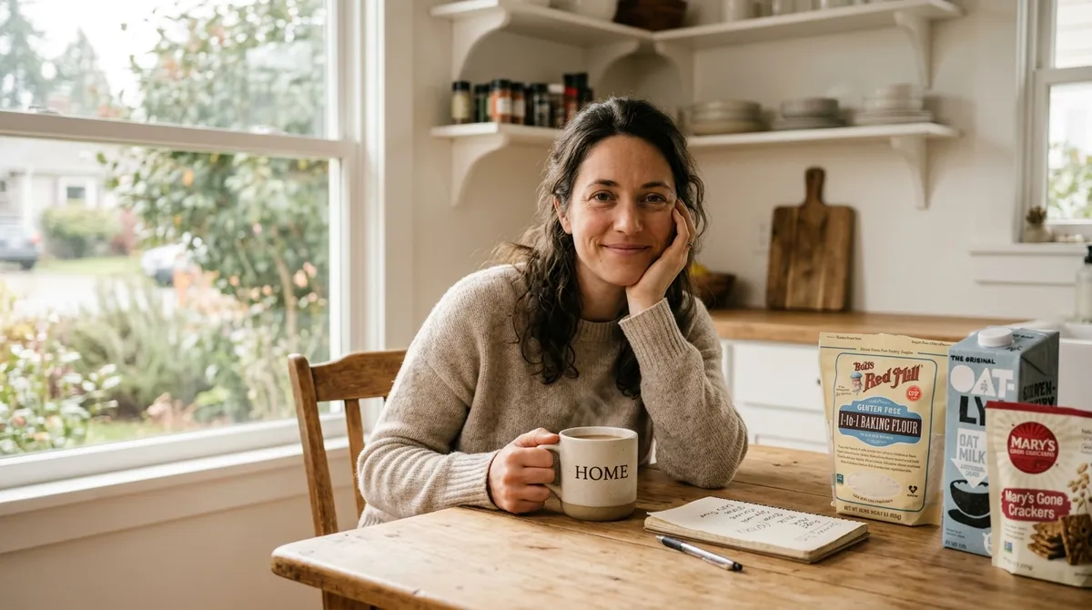 Woman managing gluten-free burnout with simple systems at a calm kitchen table