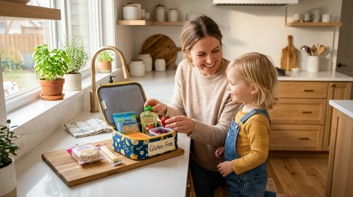 Mom packing gluten-free daycare snacks for toddler with celiac disease in bright kitchen