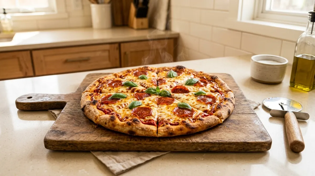Golden crispy gluten-free frozen pizza on cutting board fresh from oven