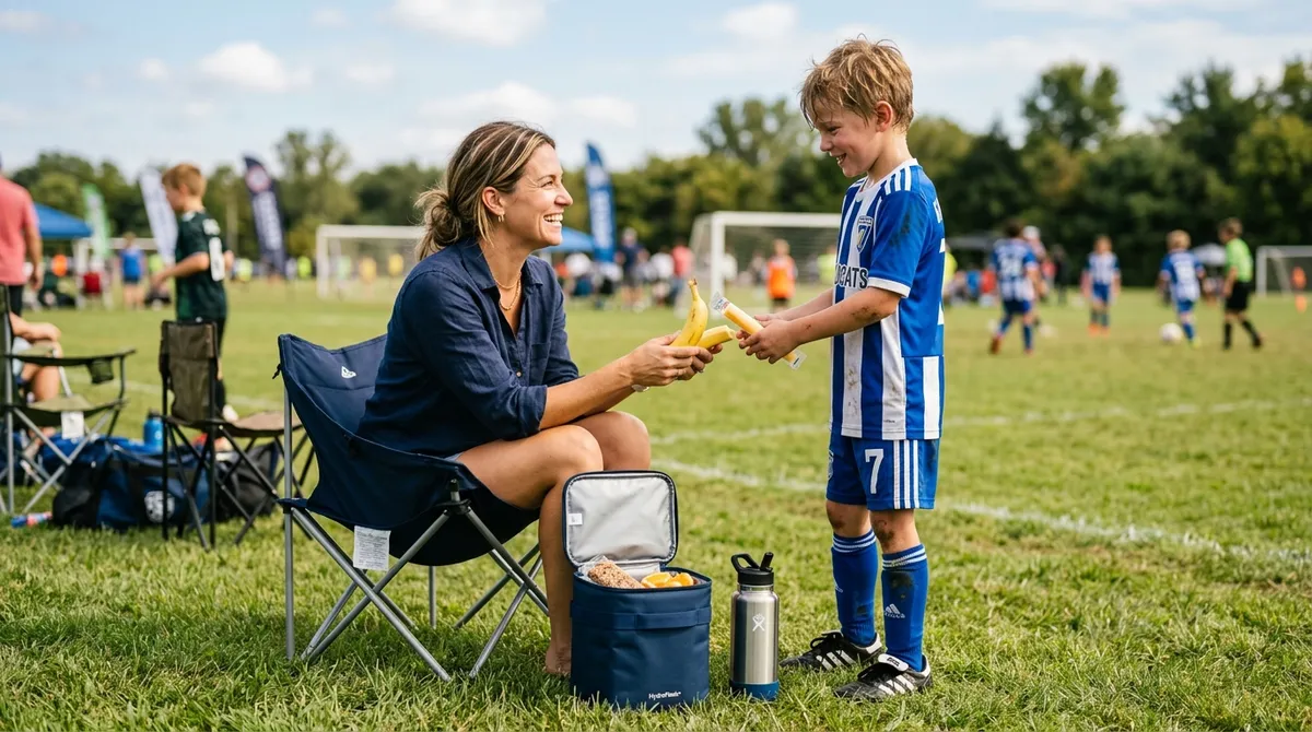 Mom handing gluten-free sports snacks to a young soccer player on the sideline after practice