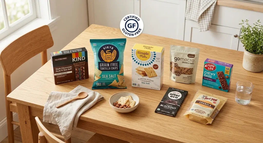 Assortment of certified gluten-free subscription box snacks arranged on a wooden table