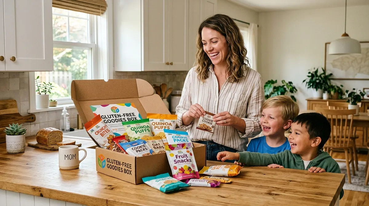 Mom and kids unboxing a gluten-free subscription box of snacks on a kitchen counter