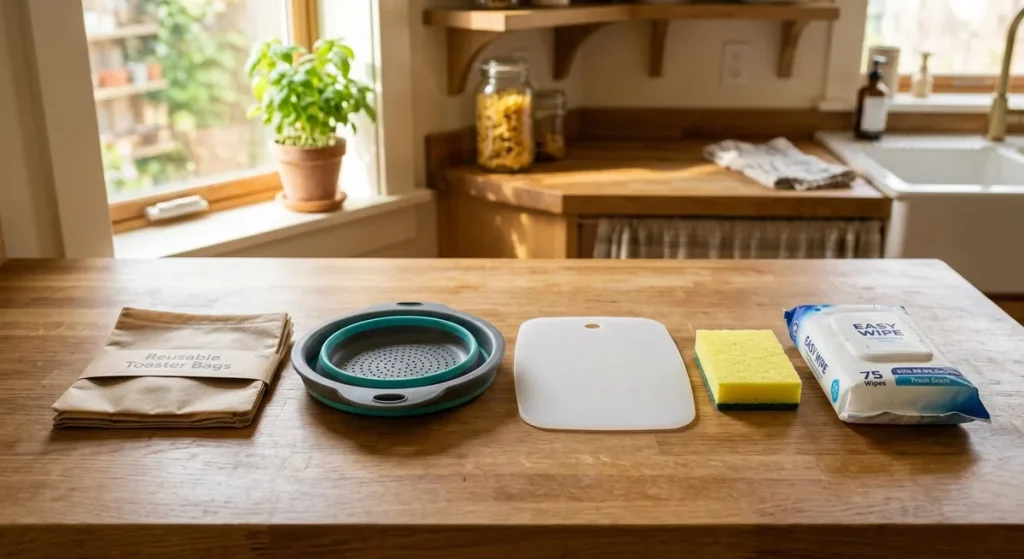 Gluten-free travel safety kit with toaster bags, colander, and cutting board for a rental kitchen
