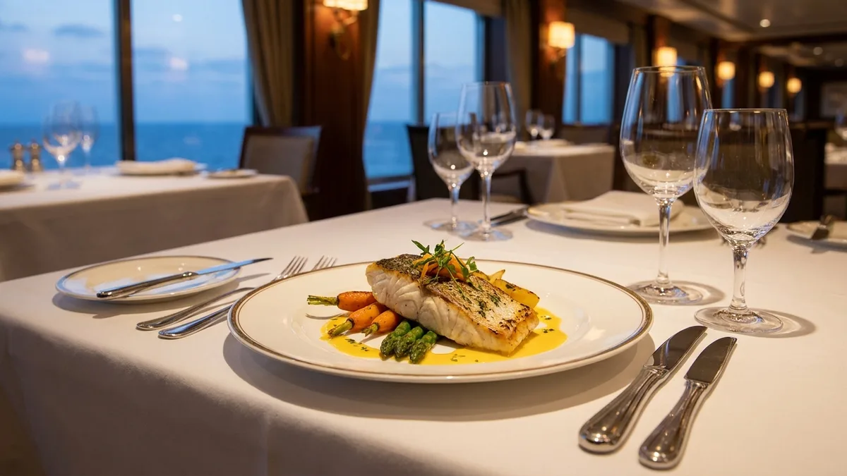 An elegant plated dinner in a cruise ship main dining room with an ocean view