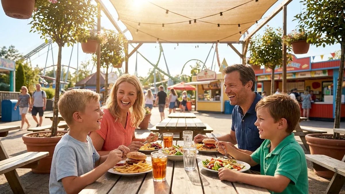 A family happily sharing a meal at an outdoor table at a theme park on a sunny day