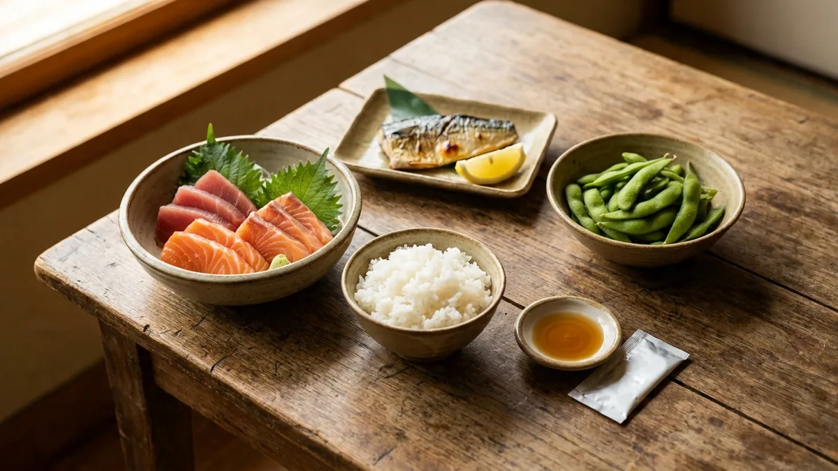 A naturally gluten-free Japanese meal of sashimi, steamed rice, and grilled fish on a wooden table