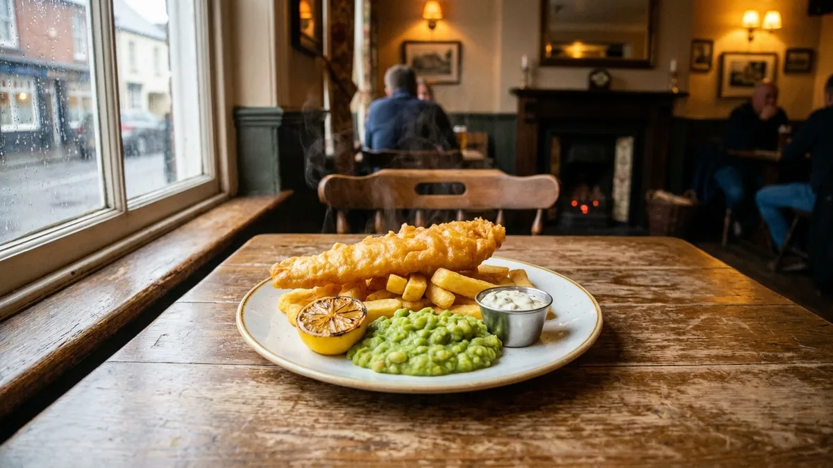 A plate of gluten-free battered fish and chips with mushy peas and lemon on a British pub table