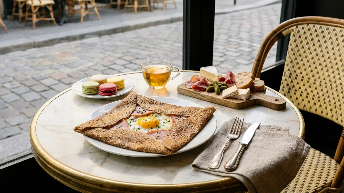 A naturally gluten-free Parisian spread of a buckwheat galette, cider, macarons, and a cheese board