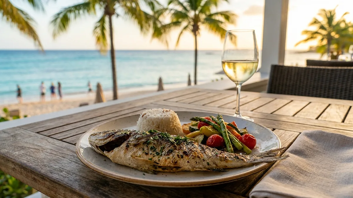 A plated gluten-free meal at an outdoor oceanfront resort restaurant