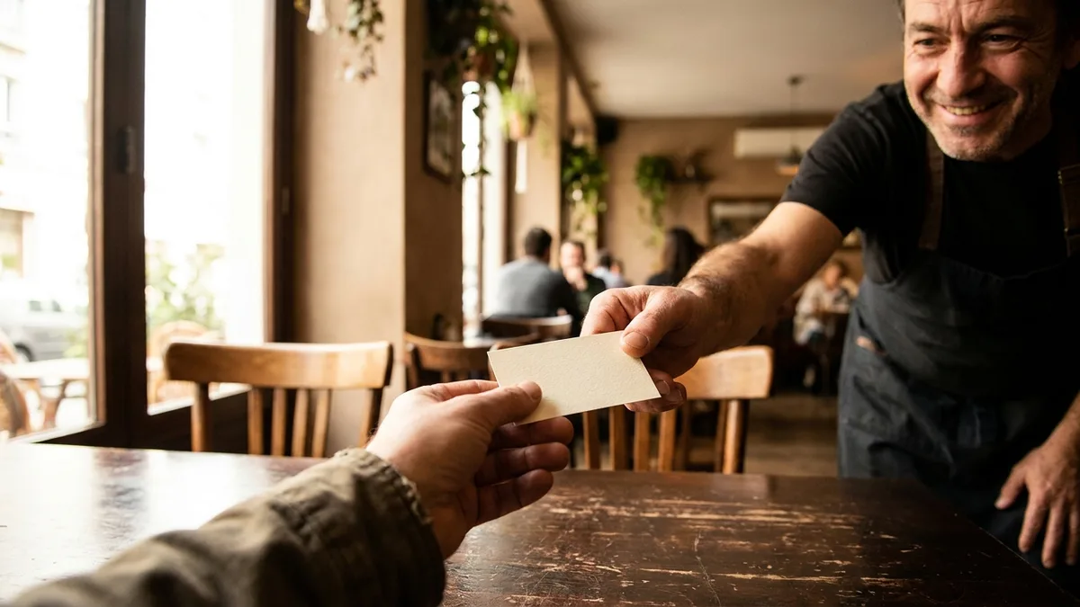 A traveler handing a gluten-free restaurant card to a friendly waiter at a bistro table