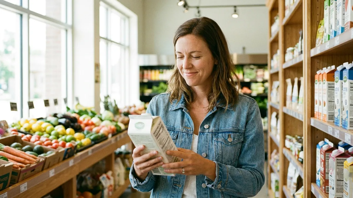 A shopper reading the ingredients label on a package in a bright grocery aisle