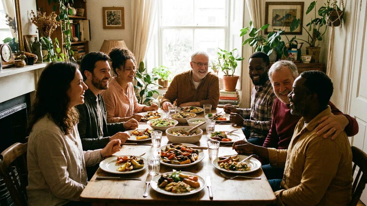 Friends and family sharing a relaxed meal together around a dinner table
