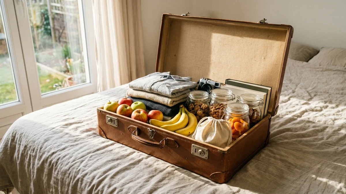 An open suitcase packed with fresh fruit, nuts, and dried fruit alongside folded clothes