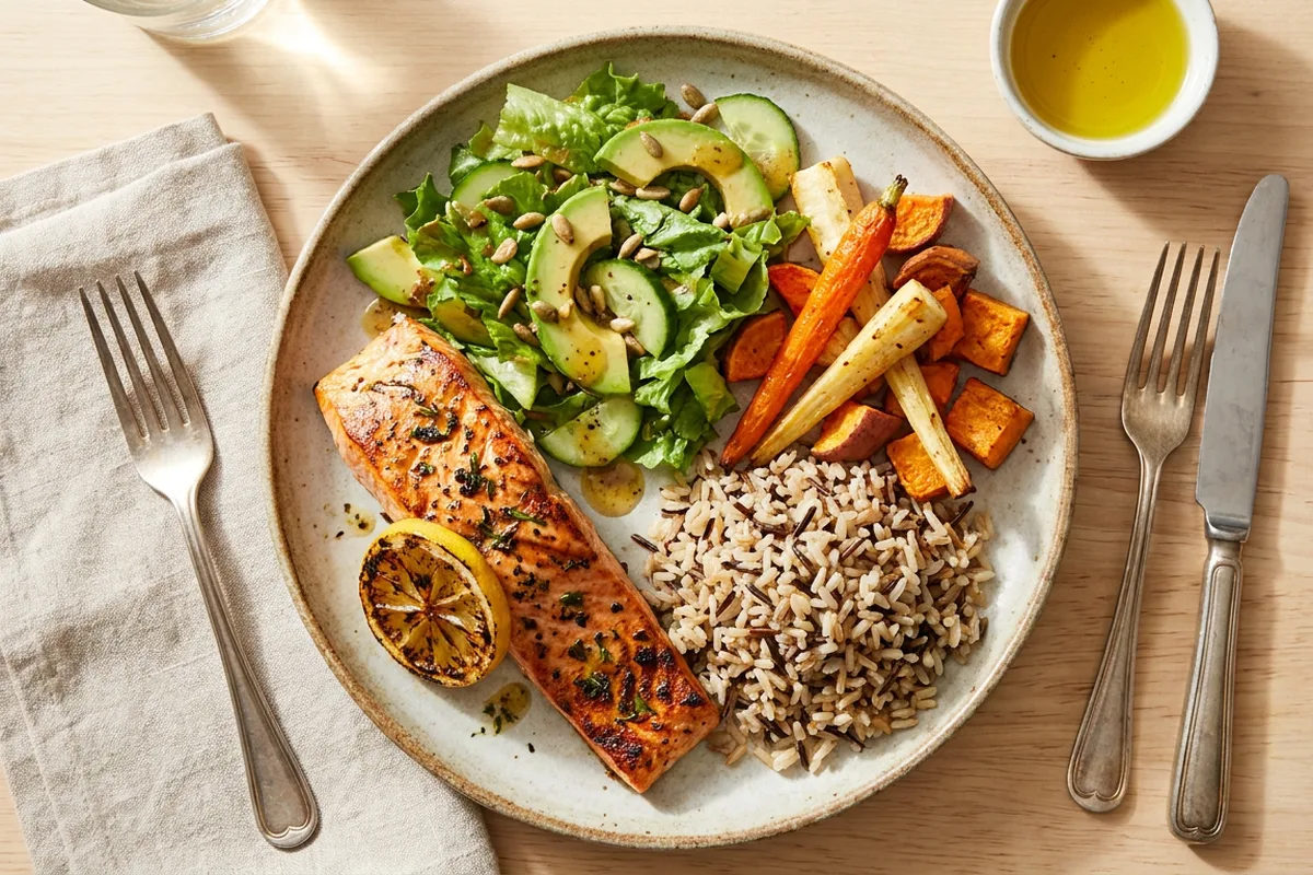 A plated restaurant meal of grilled salmon, salad, roasted vegetables, and rice