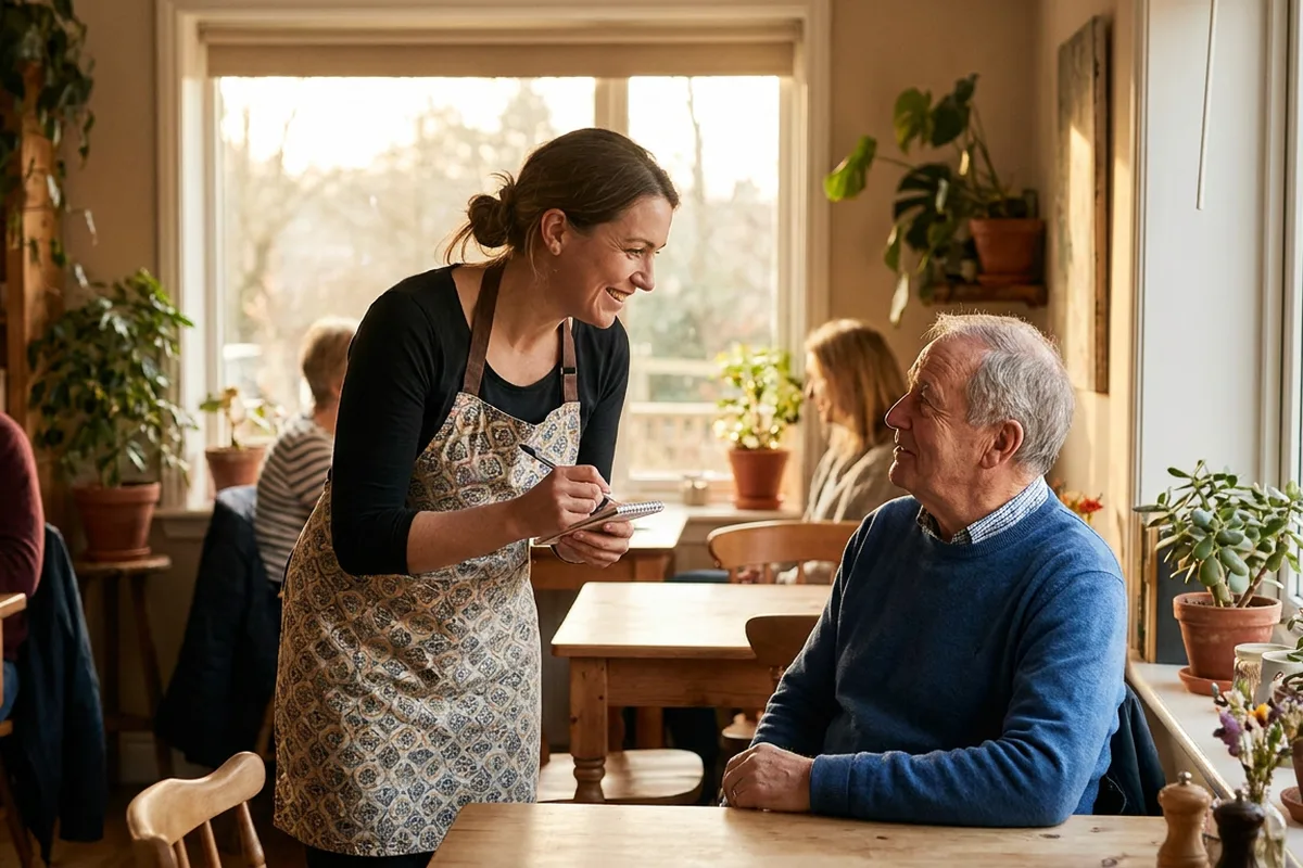 A friendly restaurant server talking with a seated diner about their order