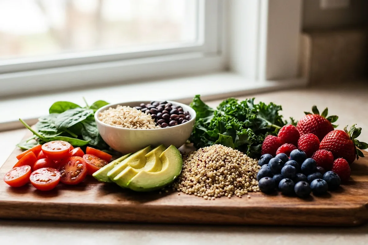 A colorful spread of naturally gluten-free whole foods: vegetables, brown rice, beans, quinoa, and berries