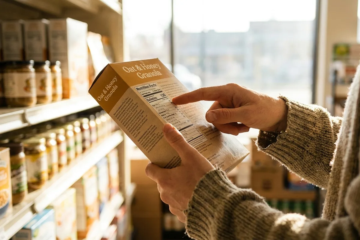 Hands reading the ingredients label on a packaged food in a grocery aisle
