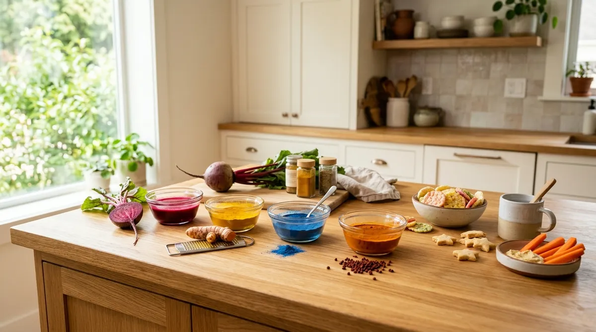 Natural dyes in gluten-free foods displayed in bowls with fresh beets and turmeric