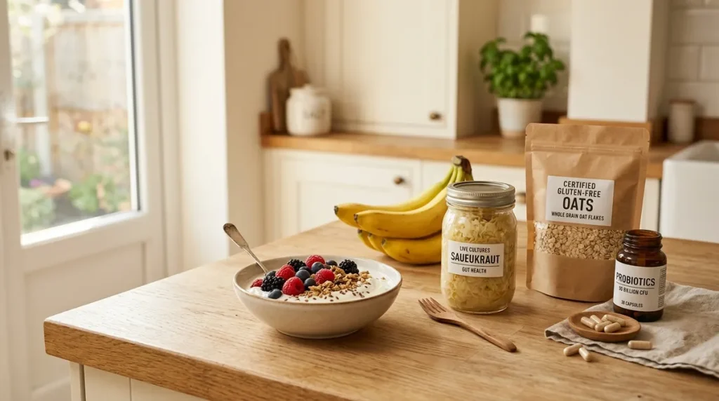 Gluten-free prebiotic and probiotic foods including yogurt, sauerkraut, bananas, and oats on a counter