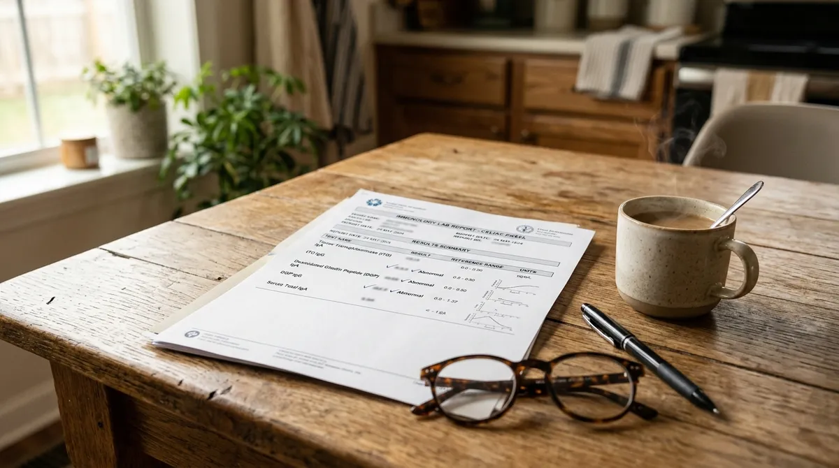 Celiac blood work lab results explained on a paper report at a kitchen table