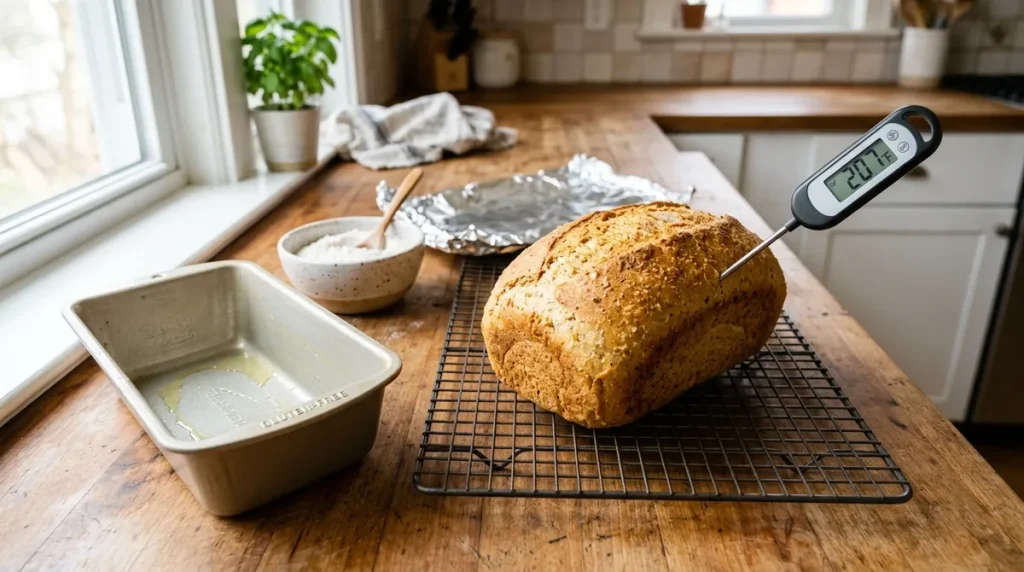 Gluten-free bread loaf cooling on a rack with a thermometer showing 207°F internal temperature