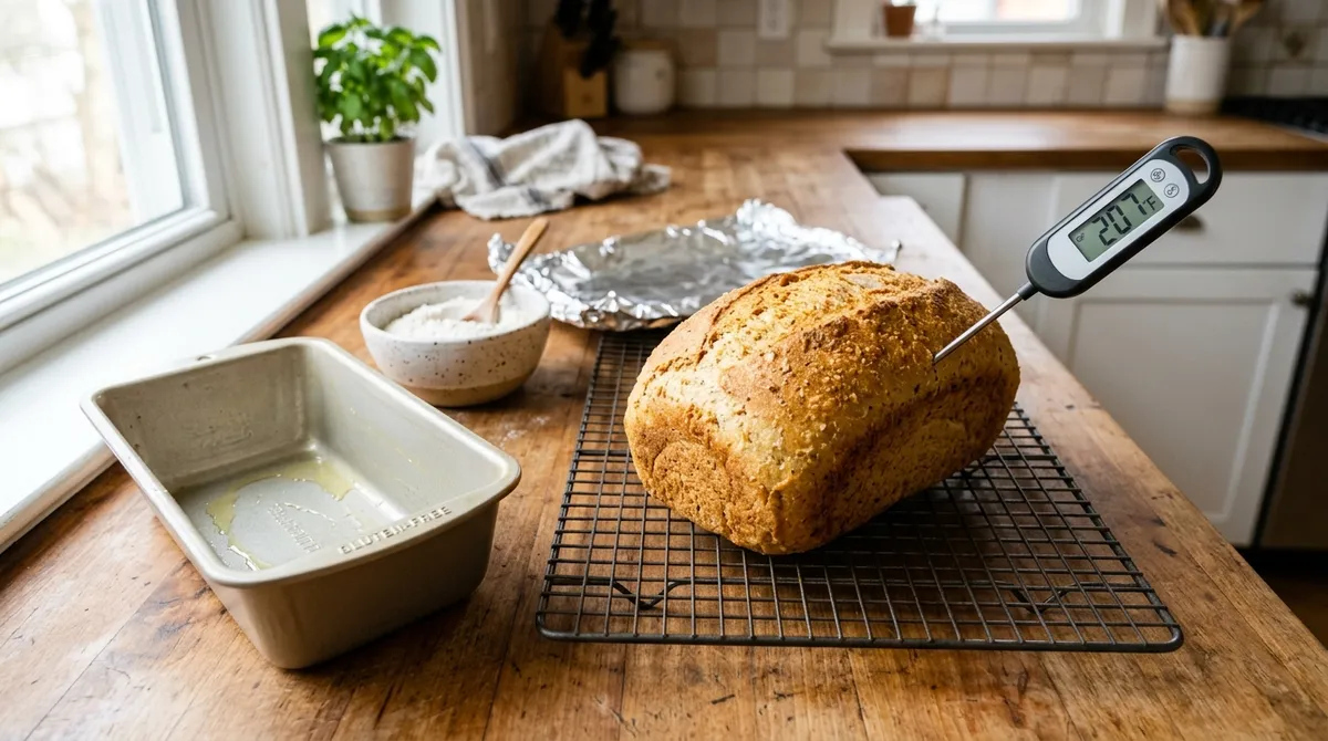 Gluten-free bread loaf cooling on a rack with a thermometer showing 207°F internal temperature